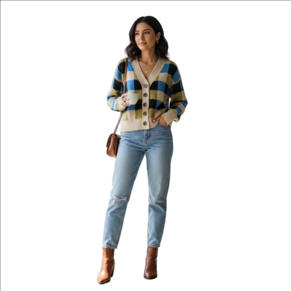 Women's FRNCH S Beige Blue Plaid Cardigan, Size S - Picture 7 of 7